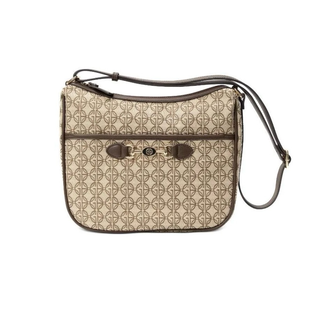 Giani Bernini Horsebit Detail Logo Jacquard Medium Hobo Crossbody Bag Brown